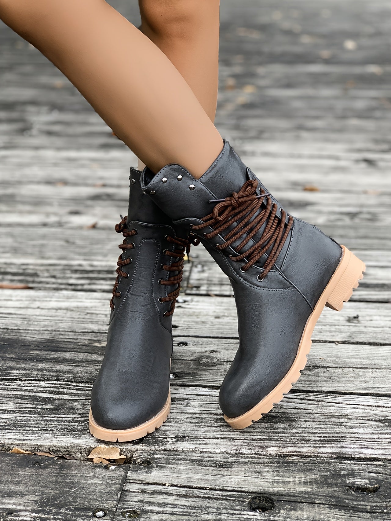 Women's Fashionable Mid-Calf Boots with Rivet Detail - Chunky Heel, Plush Lined for Winter Comfort, Side Zipper Closure