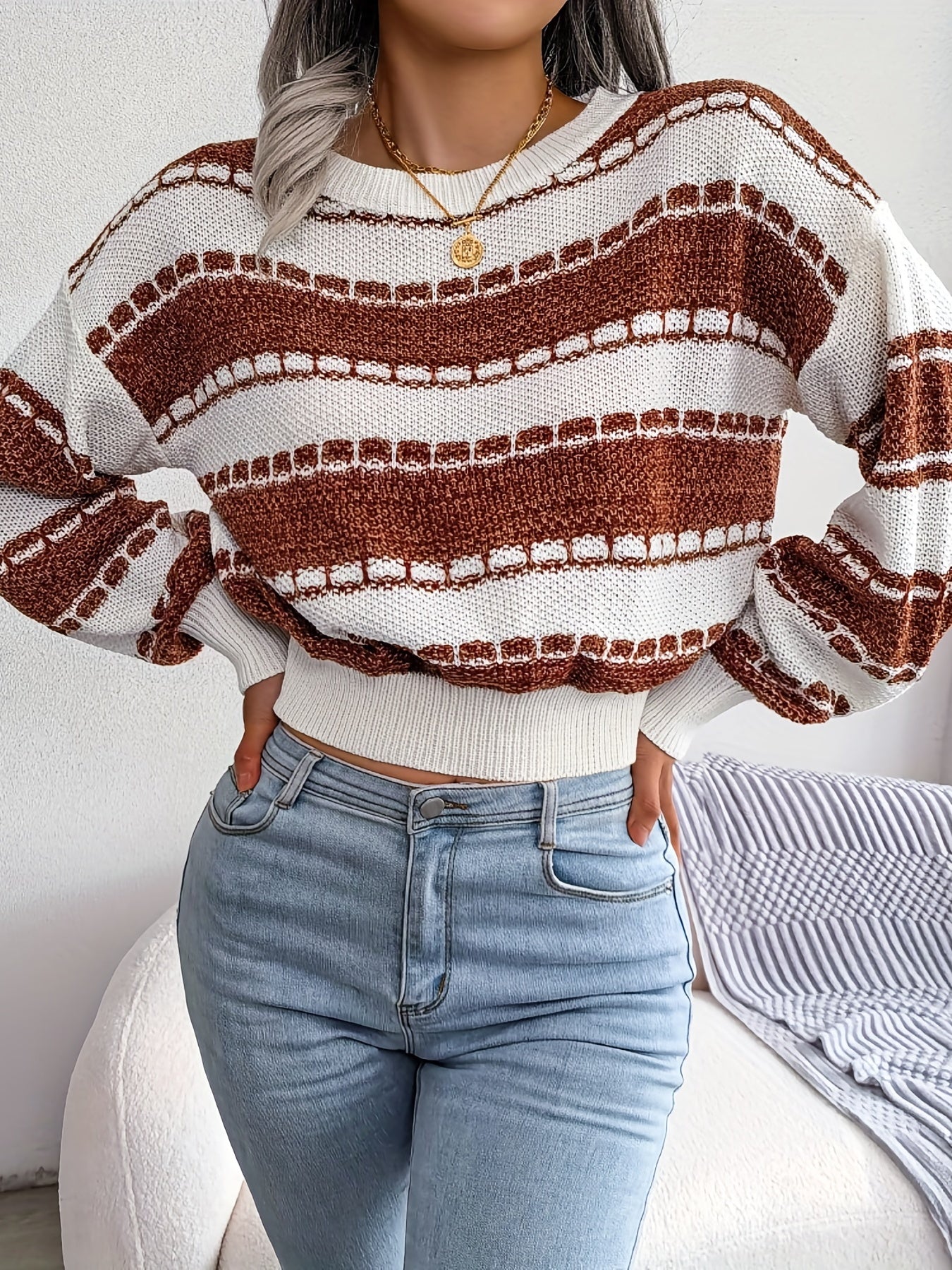 Cozy Striped Crew Neck Sweater - Soft Medium Stretch Acrylic Knit Fabric, High Elasticity, Casual Long Sleeve Loose Fit for Winter - Womens Clothing for Everyday Wear