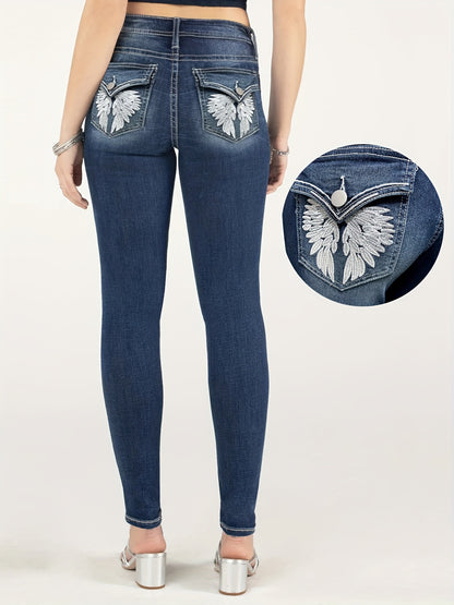 Classic High-Waisted Jeans For Women, Stretch Cotton Blend, Embroidered Design - LuxyXO