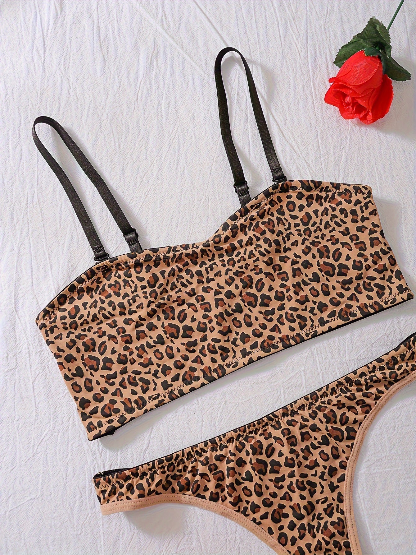 Sultry Leopard Print Lingerie Set - Full Coverage Camisole Bra & Thong - LuxyXO