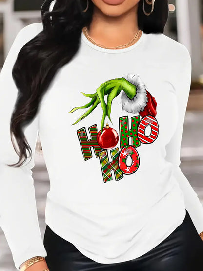 Camiseta con estampado gráfico de dibujos animados divertidos de Navidad, camiseta de verano transpirable de manga larga con cuello redondo, top para mujer