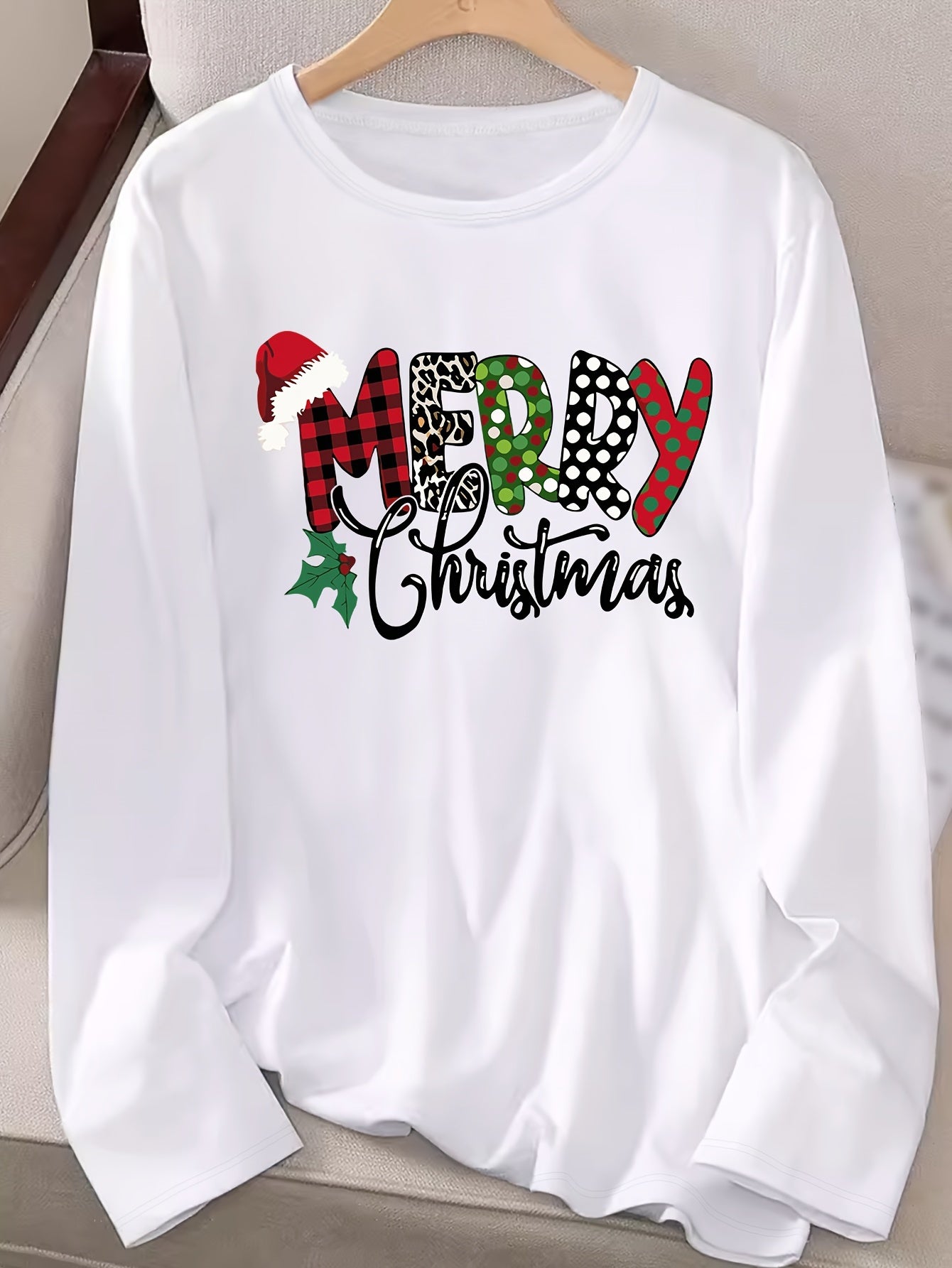 Women's Christmas Applique Long Sleeve T-Shirt - 100% Polyester Knit Fabric, Casual Crew Neck, Medium Stretch, Regular Fit, Fall Season Sweater