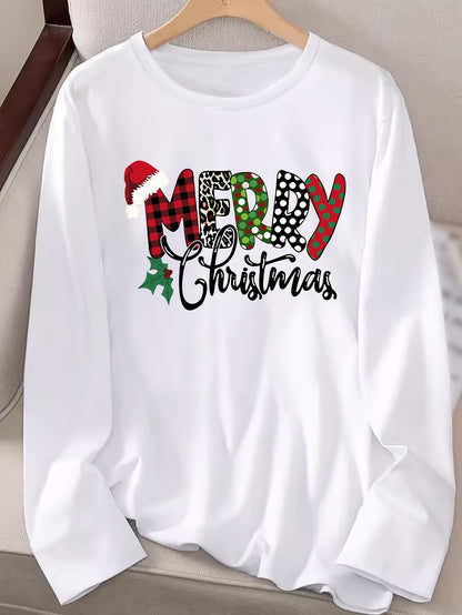 Women's Christmas Applique Long Sleeve T-Shirt - 100% Polyester Knit Fabric, Casual Crew Neck, Medium Stretch, Regular Fit, Fall Season Sweater