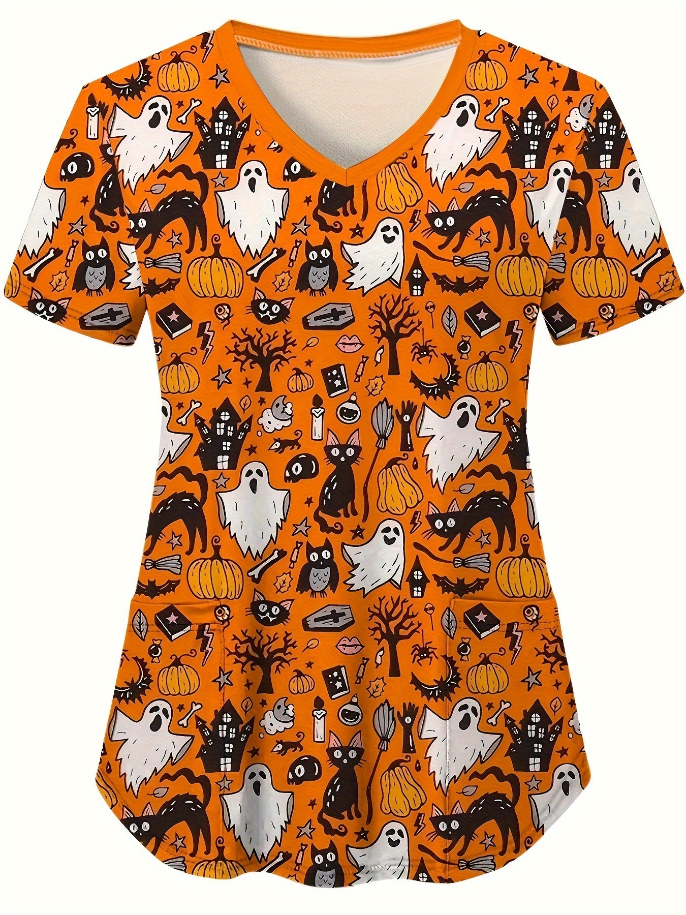 Halloween Printed V-neck Frosted Top, Comfortable Practical Medical Uniform Top, Perfect For Working In Hospitals And Dental Offices, Women's Overalls