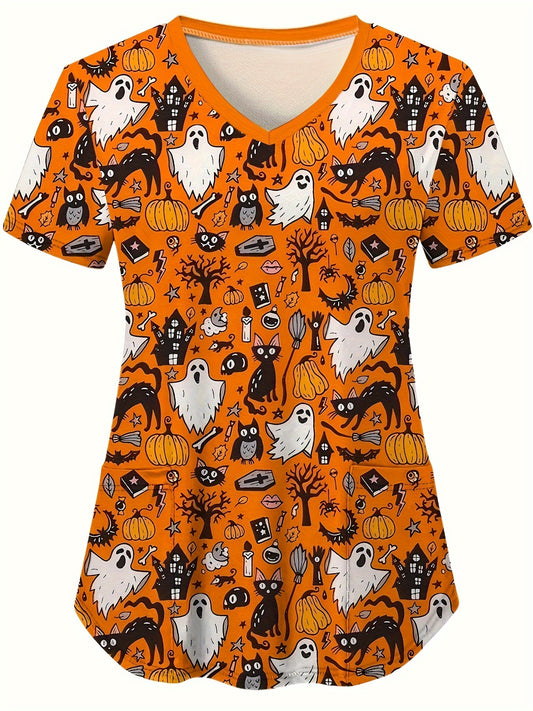 Halloween Printed V-neck Frosted Top, Comfortable Practical Medical Uniform Top, Perfect For Working In Hospitals And Dental Offices, Women's Overalls