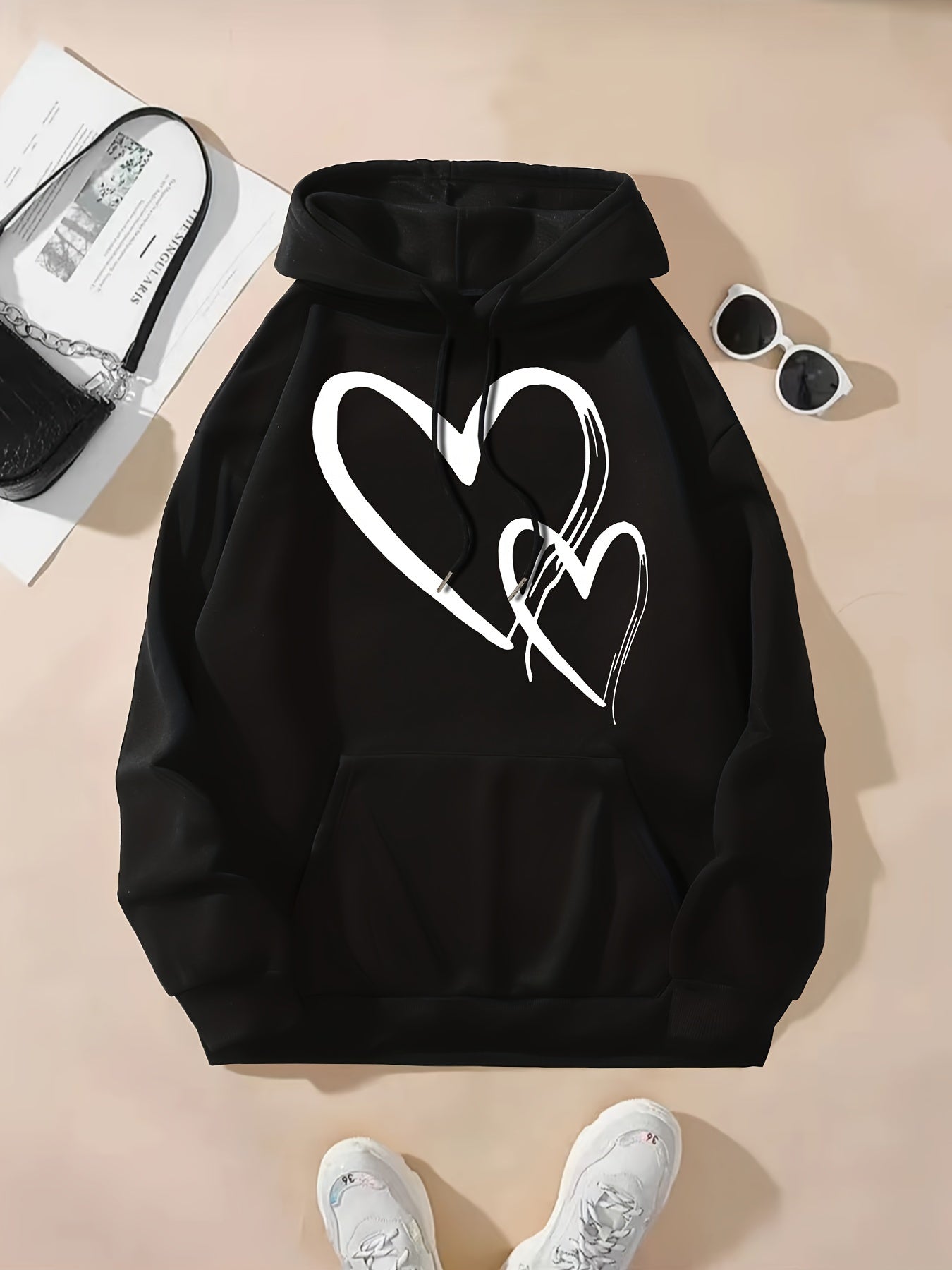 Heart Print Drawstring Hooded Sweatshirt, Slight Stretch With Pocket Loose Sporty Hoodie, Women's Activewear