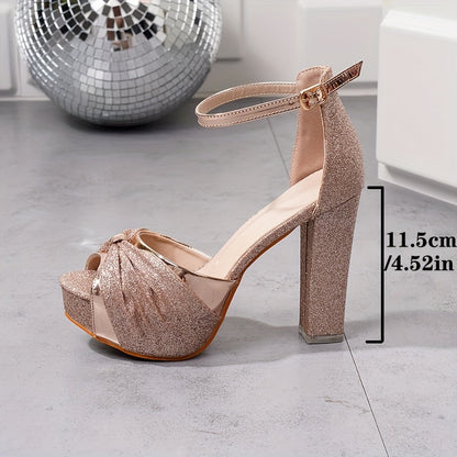 Elegant Champagne High Heels for Women - Sparkling, Versatile Fashion Pumps with Unique Block Heel Design, Comfortable PU Cover