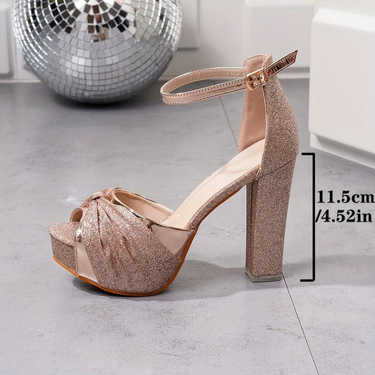 Elegant Champagne High Heels for Women - Sparkling, Versatile Fashion Pumps with Unique Block Heel Design, Comfortable PU Cover