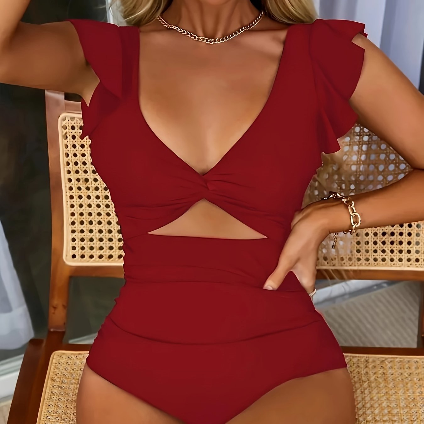 Ruffle Cut Out Ruched One-piece Swimsuit, Solid Black Tummy Control Stretchy Bathing Suits