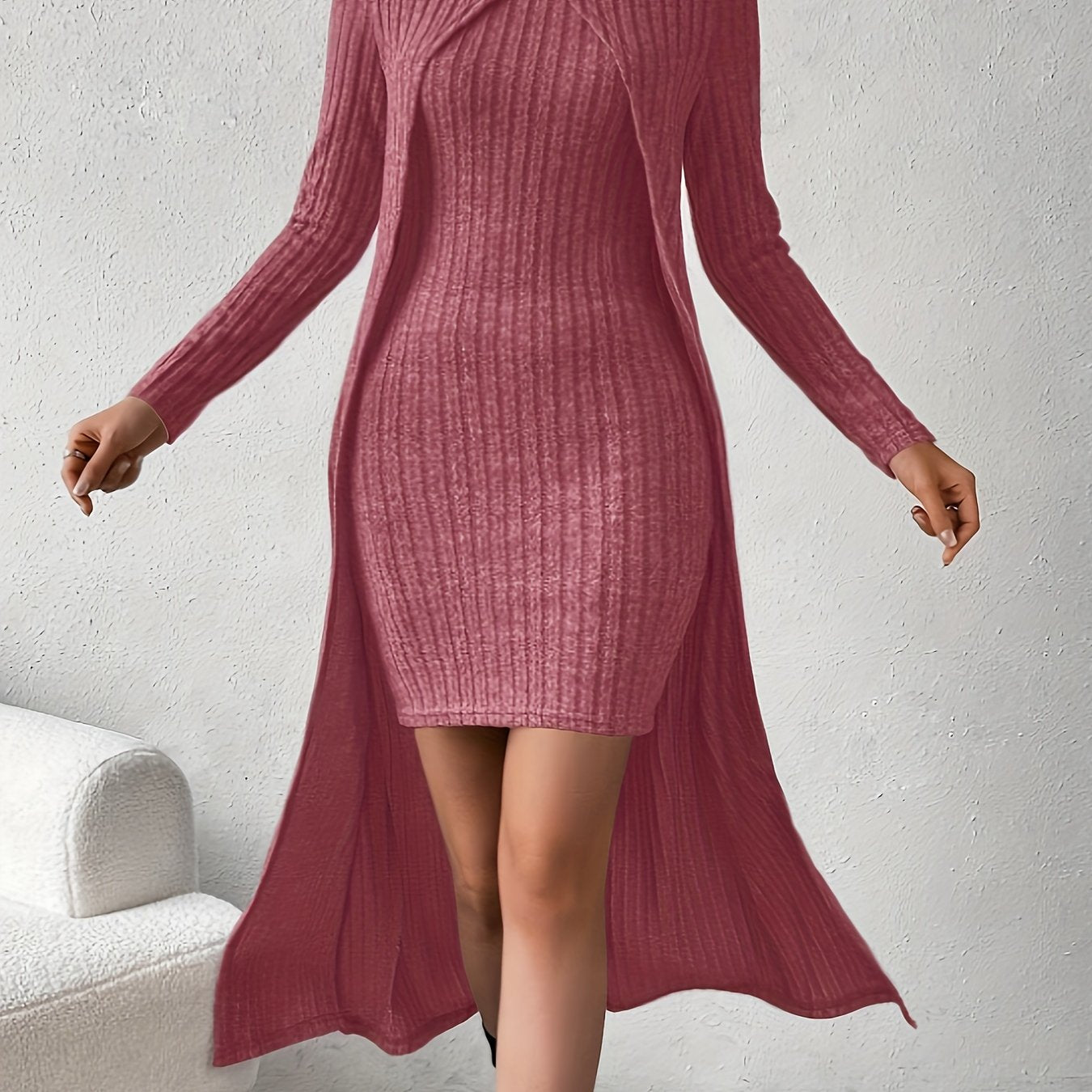 Elegant Striped Cape & Bodycon Dress Set - Long Sleeve, Mock Neck Top with High-Waist Tank Skirt, Stretchy Polyester Blend, Machine Washable