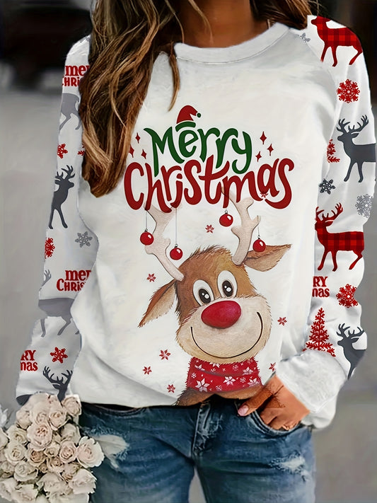 Merry Christmas Reindeer Print Casual Crew Neck Sweatshirt - 100% Polyester, Raglan Long Sleeve, Knit Fabric, Slight Stretch, Regular Fit Pullover for Spring/Fall