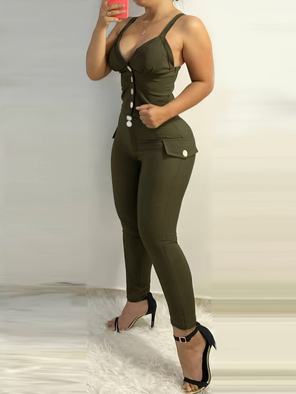 Sexy Two-Piece Slim Fit Pants Set - Spaghetti Strap Backless Cami Top & Flap Detail Bodycon Pants with Mid Elasticity, Machine Washable Polyester Fabric - Elegant Solid Color Outfit for Spring/Summer