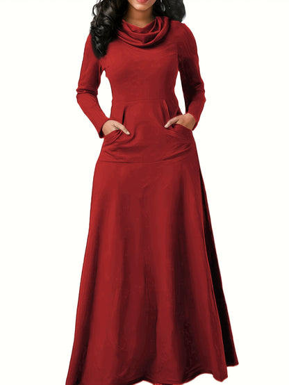 Plus Size Comfort Maxi Dress - Casual Turtleneck with Pockets, All-Season High Stretch & Machine Washable