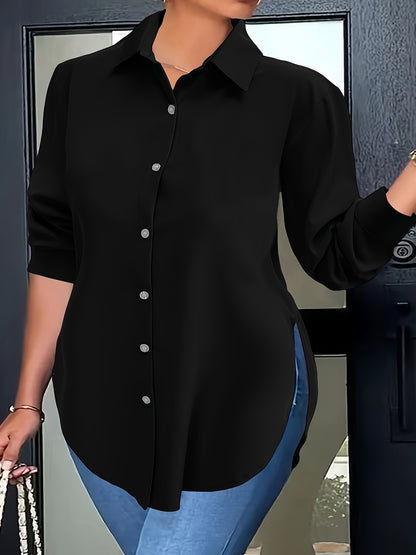 Elegant Women'S Plus Size Shirt - Polyester Long Sleeve Lapel Collared Button-Down Flared Hem Top with Slight Stretch