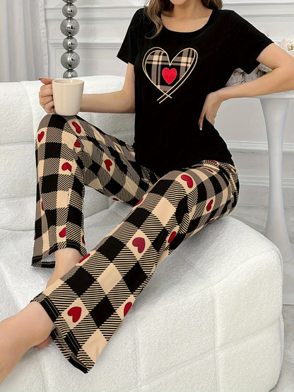 Cozy Heart Plaid Print Pajama Set for Women - Soft, Relaxed Fit, Short Sleeve Crew Neck Top & Pants