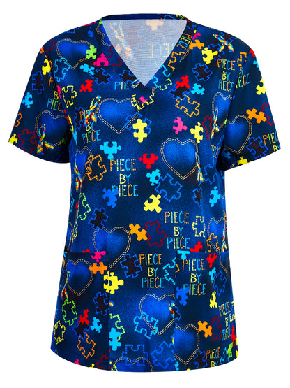 Heart & Puzzle Print Scrub Tops, Elegant Short Sleeve Patched Pockets Nurse Uniform, Women's Clothing