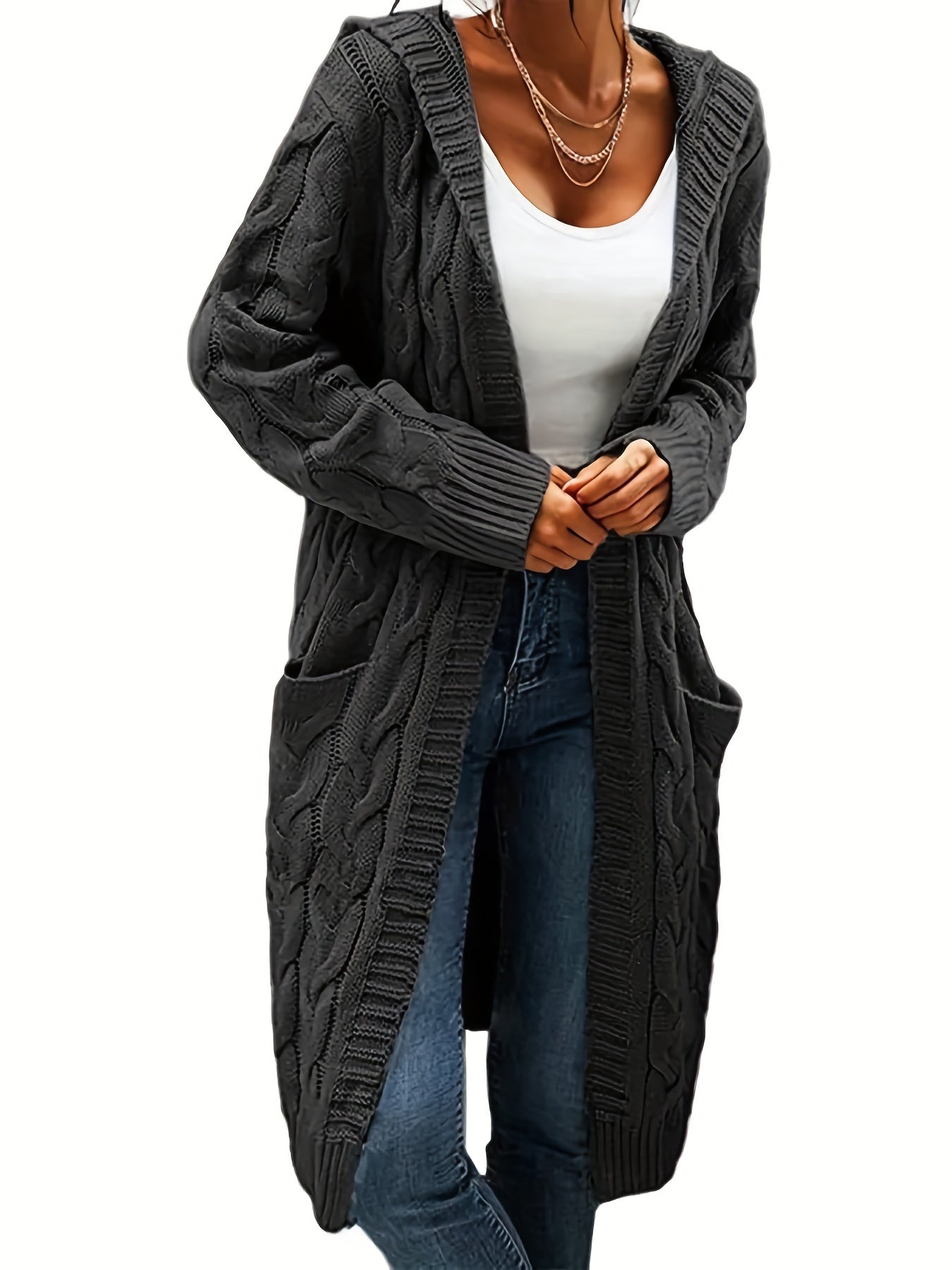 Plus Size Cozy Cardigan - Women's Solid Cable Long Sleeve Open Front Hooded Cardigan with Pockets for Casual Daily Wear