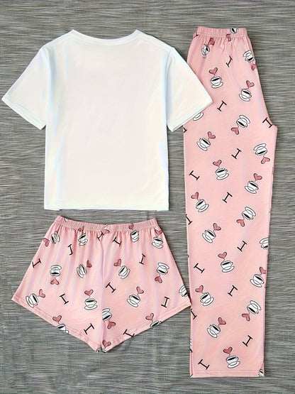 Women's Homewear Casual Coffee Print Cute Sweet Short Sleeve Shorts Pants Three-pcs Pajama Set - LuxyXO