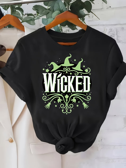 Camiseta con estampado gótico "Wicked" para mujer, cuello redondo informal, manga corta, tejido transpirable, corte regular, poliéster, prenda superior de moda para todas las estaciones