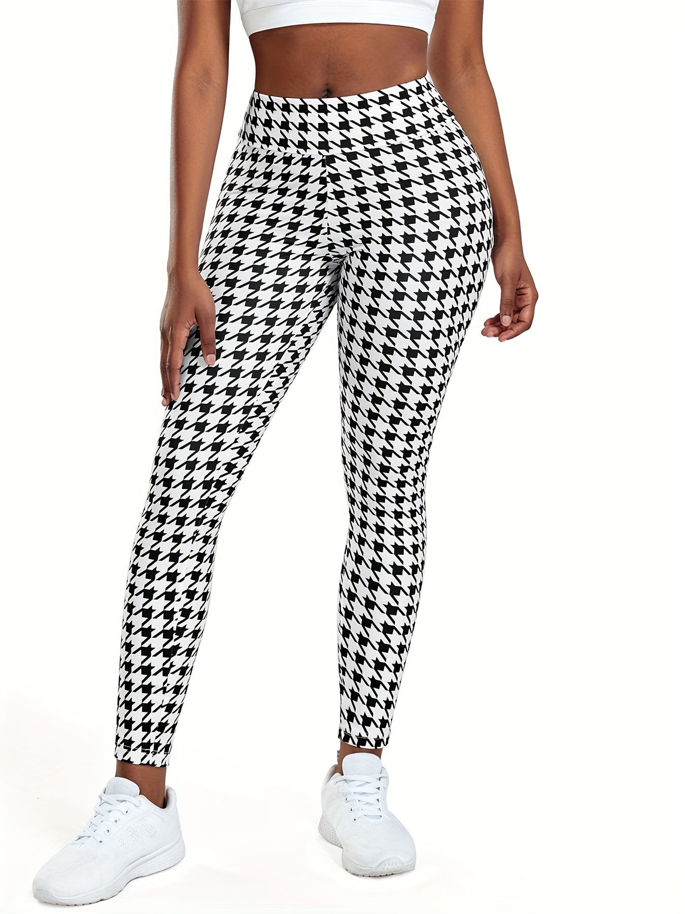 Women's High Waist Houndstooth Yoga Leggings - Stretchy, Elegant Activewear Pants for All Seasons