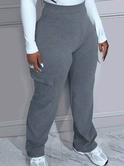 Plus Size Solid Pocket Pants - High Waist, Casual Comfort Flattering