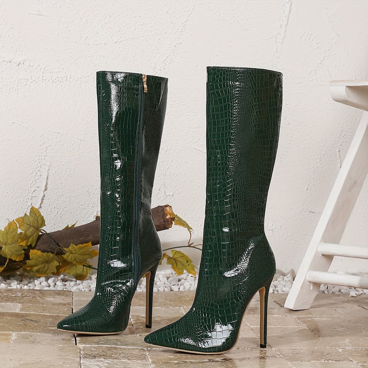 Elegant Crocodile Pattern Knee-High Stiletto Boots