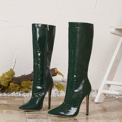 Elegant Crocodile Pattern Knee-High Stiletto Boots