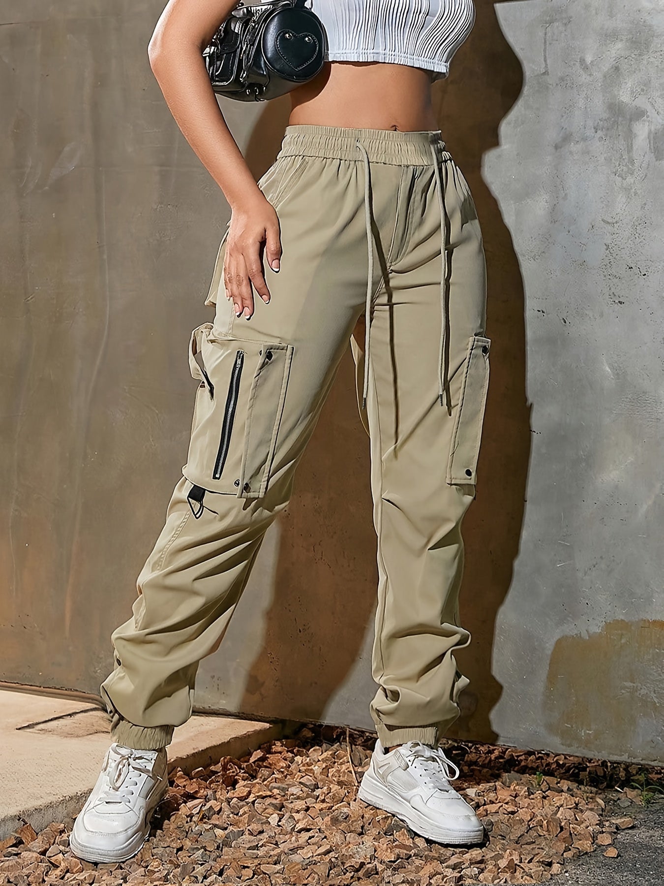 High-Waist Wide-Leg Cargo Pants - Casual Fashion, Soft Polyester, Drawstring Elastic Waist, Multi-Pocket Design