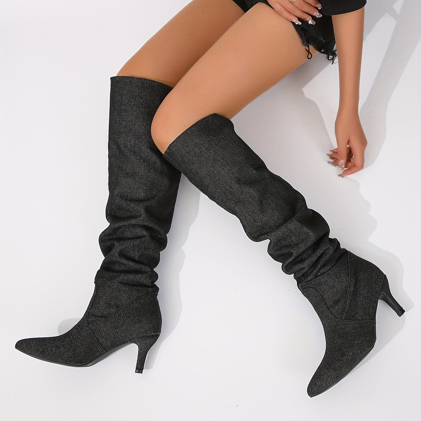 Stylish Slouchy Pointed Toe Stiletto Boots - Over-the-Knee Fashion Long Boots with Thin High Heels, Pull-On Design, and Chic Style for Women - LuxyXO