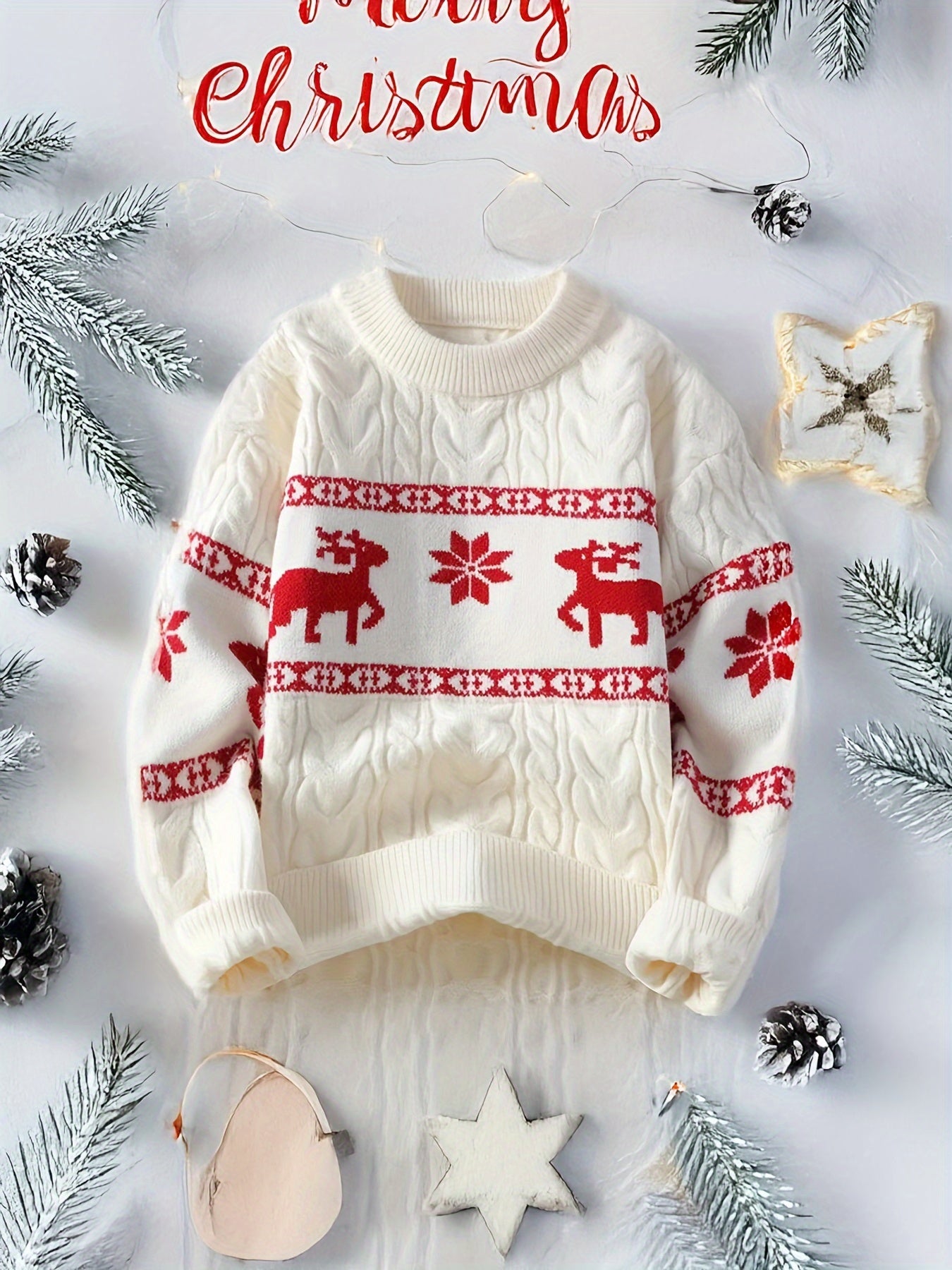 Christmas Reindeer Pattern Women's Acrylic Sweater Pullover - Casual Style, Round Neck, Loose Fit, Knit Fabric, Micro Elastic, Fall/Winter Collection