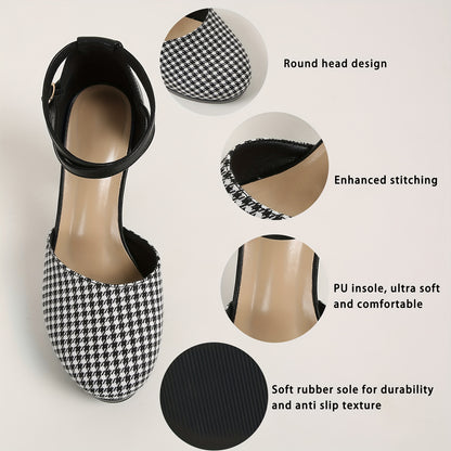 Chic Womens Houndstooth High Heel Sandals - DOrsay Crisscross Ankle Strap Design with Stable Platform Block Heel - Trendy Fashion Footwear