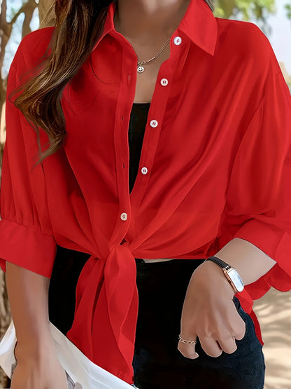 Plus Size Chic Solid Collared Blouse - Comfortable 3/4 Sleeves, Versatile Button Design - Perfect for Spring & Fall - Womens Fashionable Plus Size Wardrobe Staple