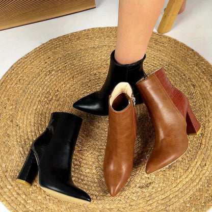Botines elegantes con forro polar para mujer: punta puntiaguda, tacón cuadrado, diseño de bloques de colores en relieve en negro y marrón: versátiles para uso informal o para una cita nocturna