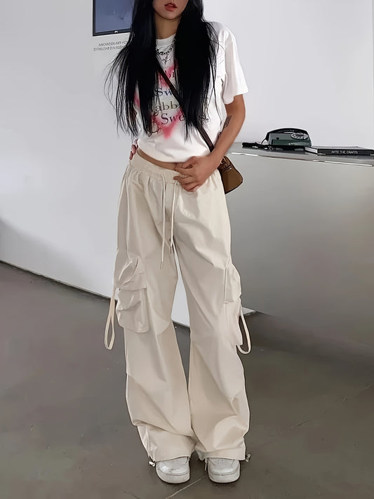 Flap Pockets Wide Leg Cargo Pants, Casual Pants