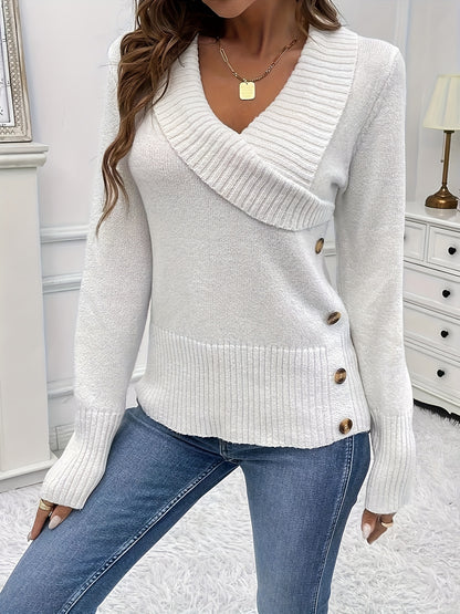 Suéter elegante sin mangas con cuello en V, decoración con botones falsos, tejido de poliéster de elasticidad media, lavable a máquina, color sólido, estilo personalizado para las temporadas de primavera y otoño