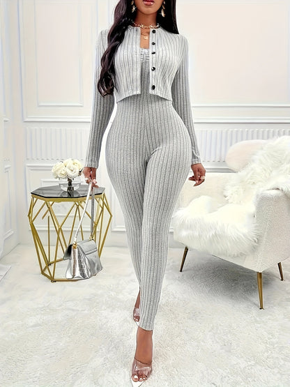 Crop Cardigan & Skinny Strapless Jumpsuit - Two-Piece Ribbed Outfit Set