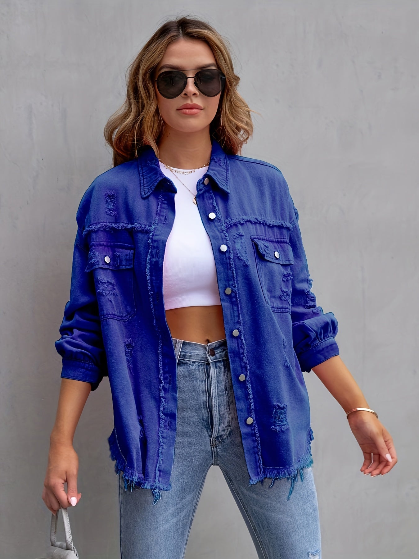 Plus-Size Distressed Denim Blazer Jacket for Women - Ripped Knee, Relaxed Fit, Casual Chic Style - Perfect for Summer Outings and Streetwear Fashion