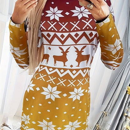 Christmas Deer Print Bodycon Dress, Casual Crew Neck Long Sleeve Mini Dress, Women's Clothing