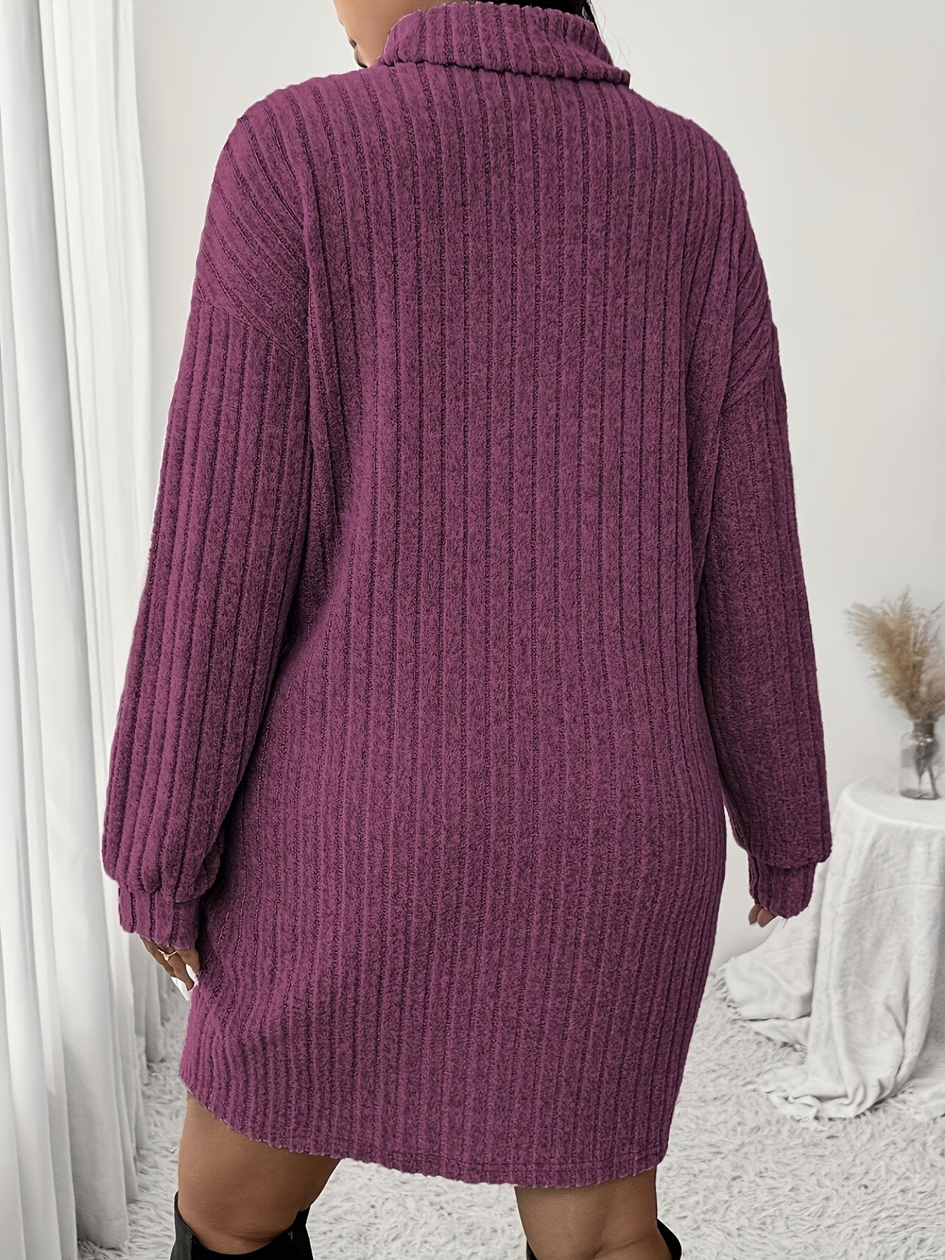 Women'S Plus Size High Neck Rib-Knit Knit Dress, Casual Long Sleeve Knee-Length Pullover