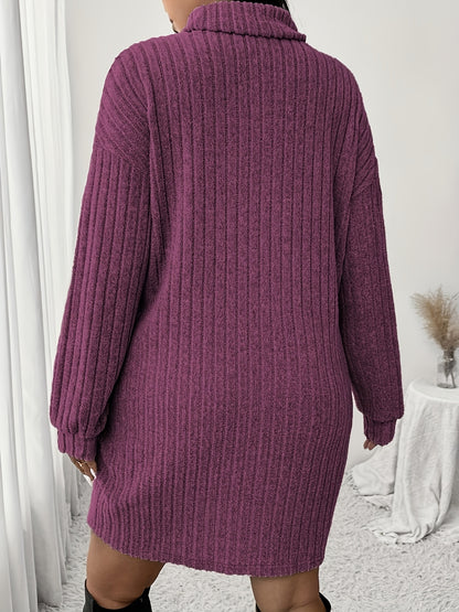 Women'S Plus Size High Neck Rib-Knit Knit Dress, Casual Long Sleeve Knee-Length Pullover