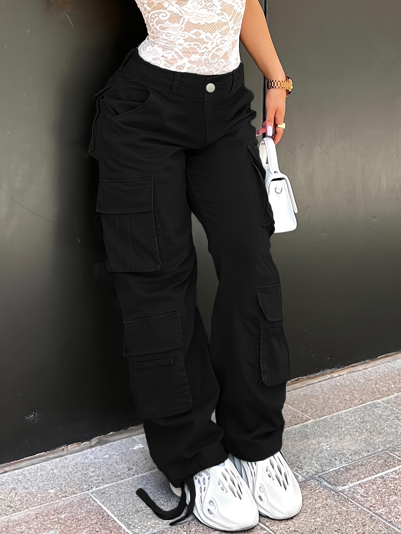 Plus Size Y2K Inspired Black Cargo Jeans with Side Flap Pockets, Loose Fit, High-Waisted, Women's Streetwear Fashion