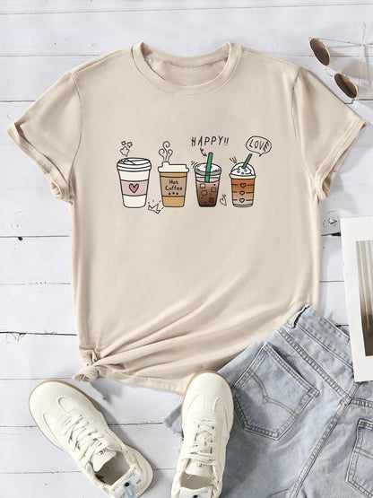 Vibrant Coffee Print Crew Neck T-Shirt - Soft, Breathable, Short Sleeve, Casual Wear for Spring & Summer - Women's Fashionable Clothing for Daily Life - LuxyXO