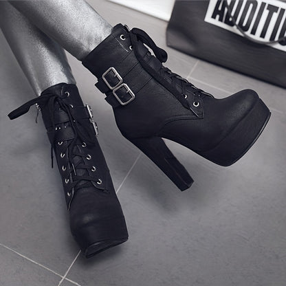 Botas de tacón alto con cordones de color liso a la moda para mujer - Tacón de aguja con base de bloque estable - Correa de tobillo con hebilla segura - Modernas y cómodas