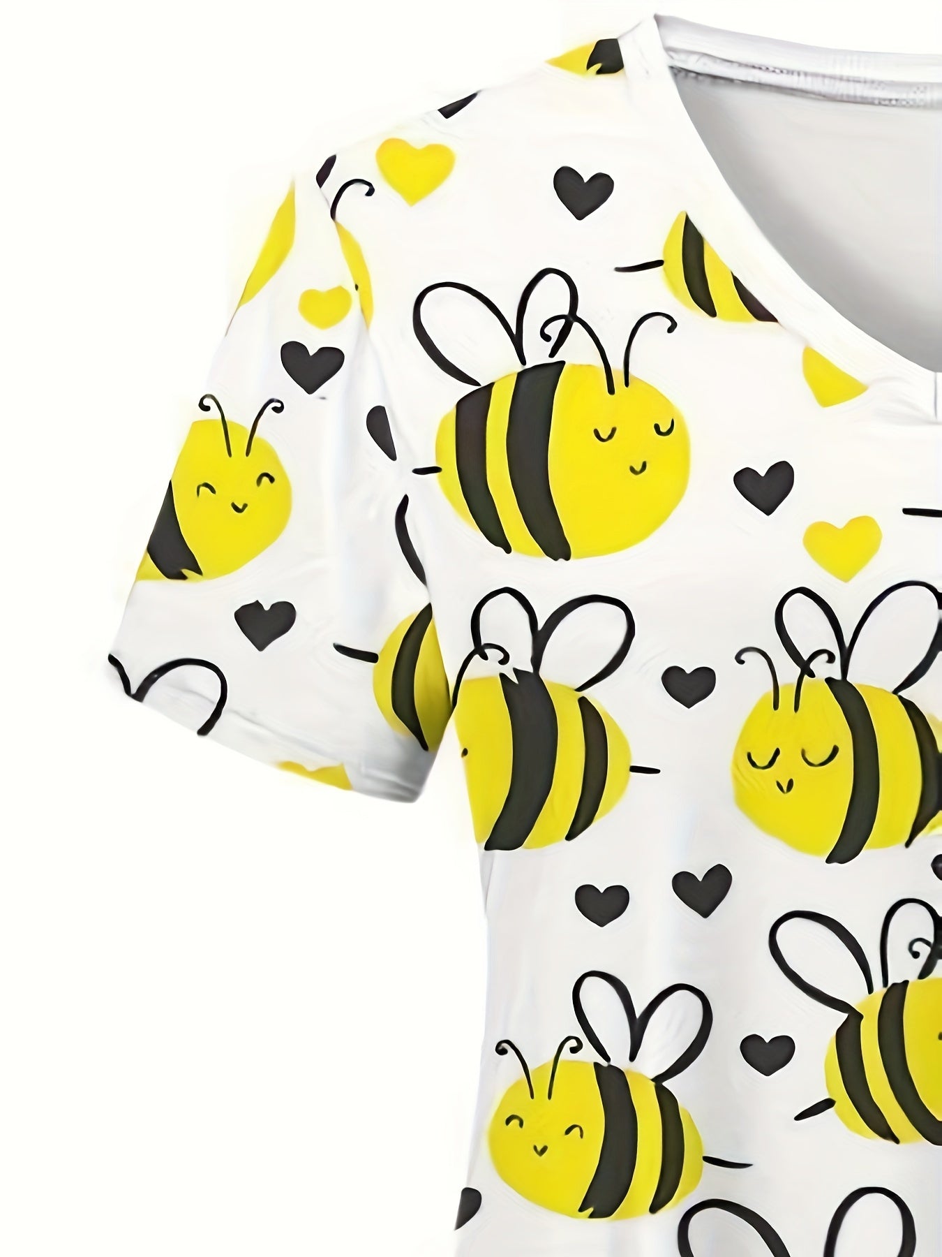 Bee Print V-neck Scrub Top, Comfortable & Functional Health Care Uniform Top, Perfect For Working In Hospitals & Dental Office, Women's Work Clothing