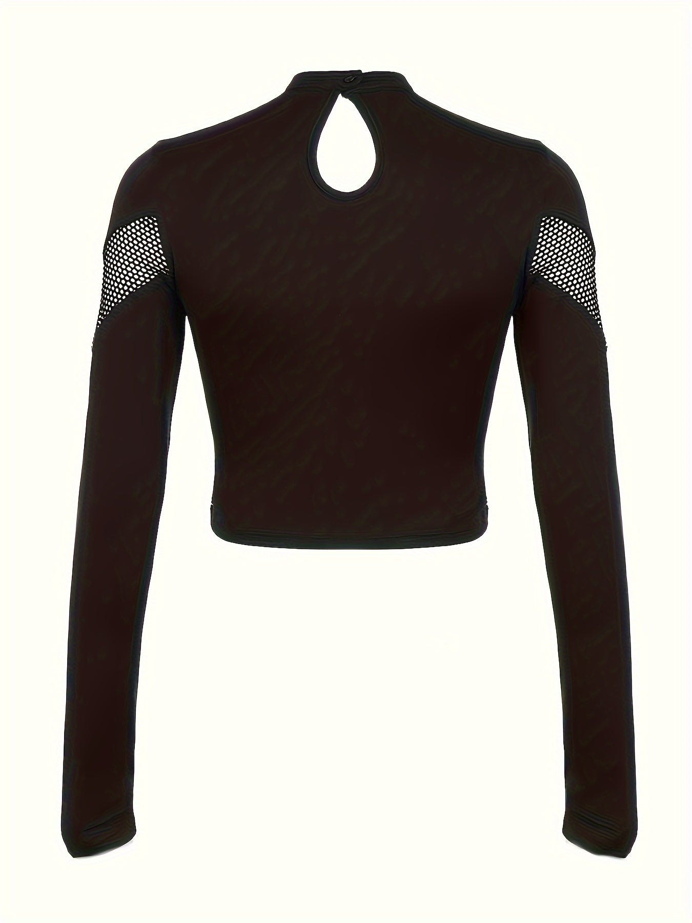 Athleisure Edge, Women's Gothic-Inspired Fishnet Long Sleeve Crop Top - Stretchy, Solid Color, Round Neck - Perfect for Spring/Summer/Fall