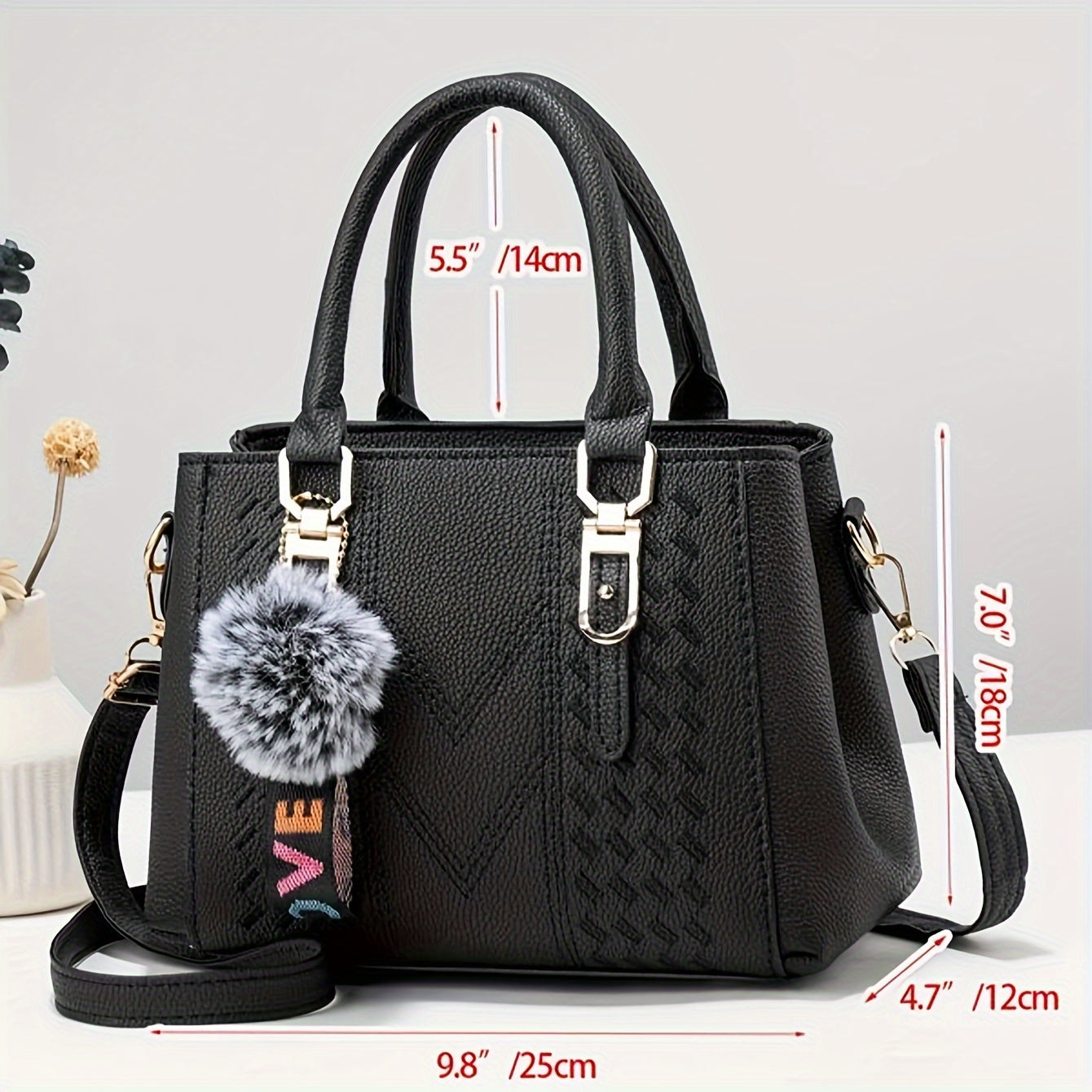 Elegant Women's Fashion Tote Bag With Pom-Pom Charm, Embroidered Faux Leather Handbag