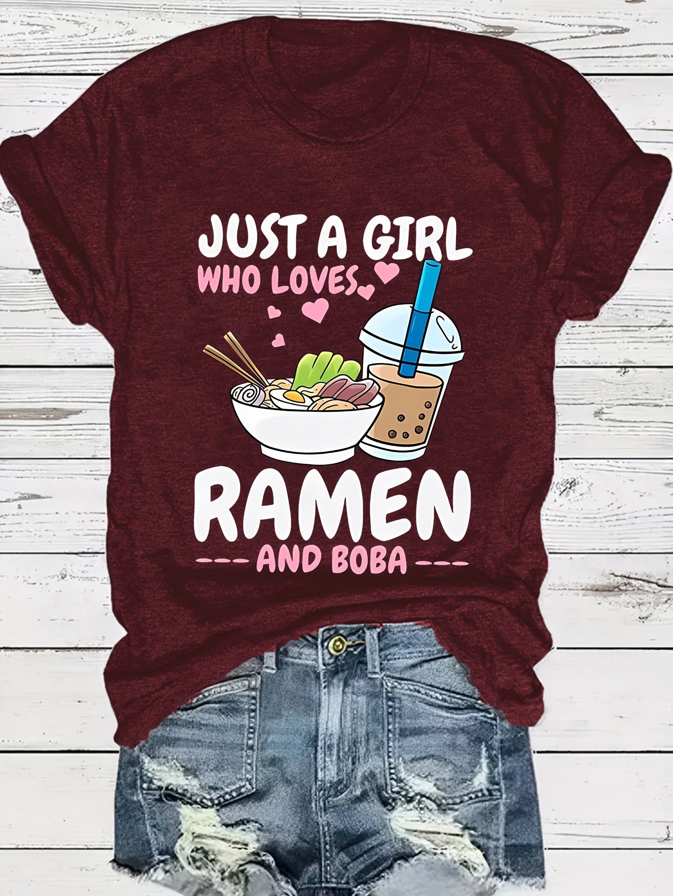 Camiseta de cuello redondo con estampado de ramen vibrante: camiseta de manga corta suave, transpirable e informal para primavera y verano: ropa de mujer de corte relajado para uso diario