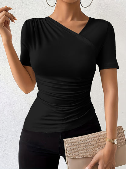 Womens Solid Color Asymmetrical T-Shirt with Ruched Neckline - Chic, Slim-Fitting & Trendy Short Sleeve Top for a Flattering Look