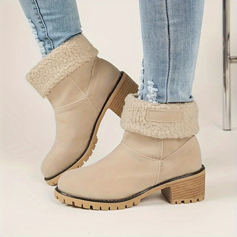 Cozy Winter Chunky Heel Boots - Soft Plush Lined, Slip-On Design, Comfortable Ankle Support, Warm Insulation, Casual Style for Daily Wear - Perfect for Cold Weather - LuxyXO