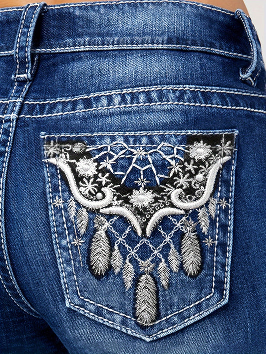 Elegant Plus Size High-Waist Flare Jeans with Feather Embroidery & Mesh Detail - Stretch Denim, Machine Washable